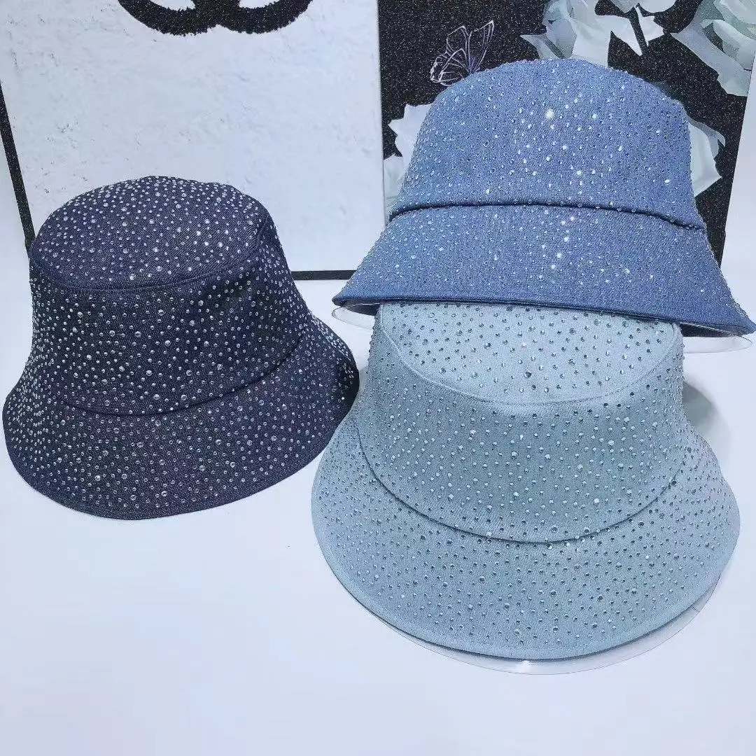 Women Designer Diamond Washed Denim Bucket Hat Ladies Bling Party Jean Rhinestones Fisherman Cap Sun Protection Panama Hats