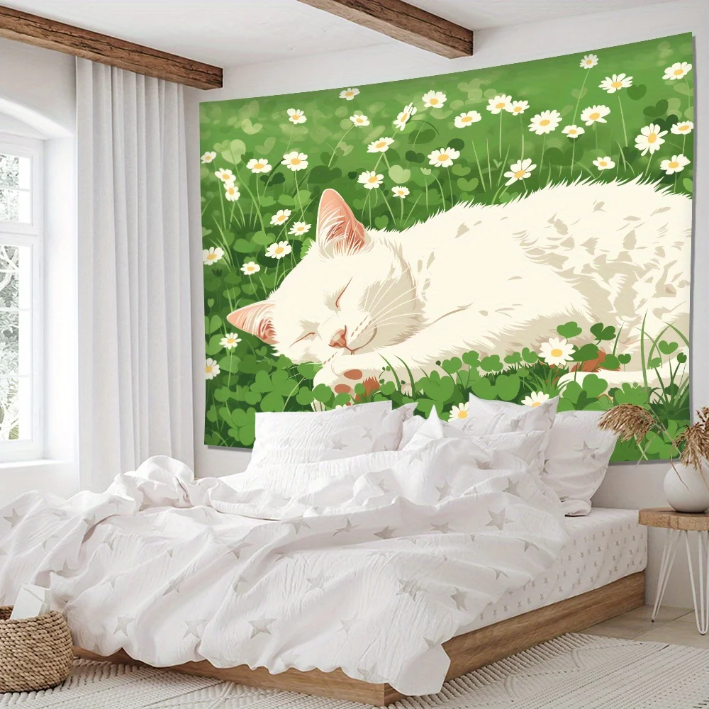 Charming White Cat in a Field of Daisies Wall Tapestry for Bedroom Decor, Bringing a Touch of Nature and Serenity to Your Space