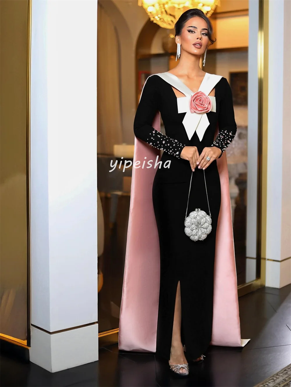 تخصيص رائعة مطابقة جيرسي اليدوية زهرة القوس حجر الراين مستقيم الخامس الرقبة فساتين طويلة فساتين السهرة رائعة الرجعية #3