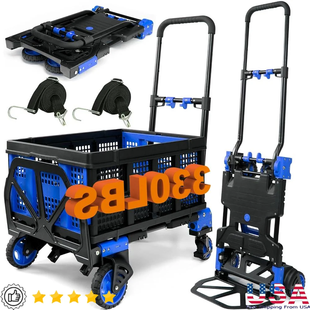 2-in-1 Heavy Duty Hand Truck & Folding Platform Cart 330LBS Capacity Double Bearing Wheels Elastic Cords Foldable Basket