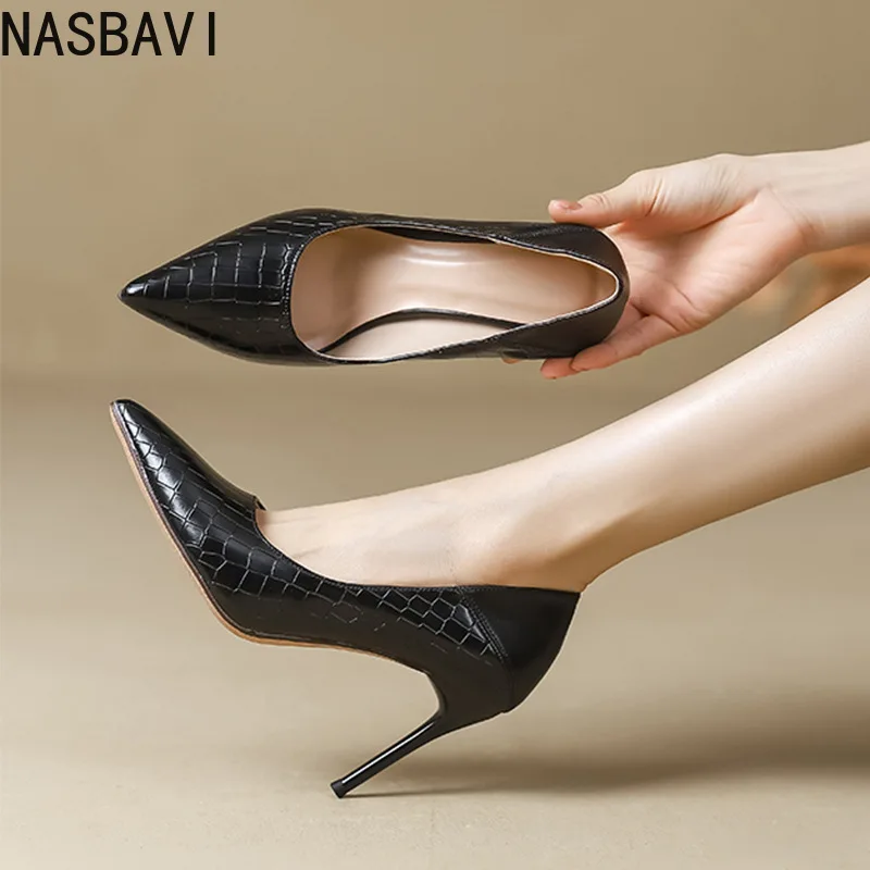 

NASBAVI Black Crocodile Effect Women Pointy Toe Sexy High Heel Shoes Chic Ladies Slip on Stiletto Pumps