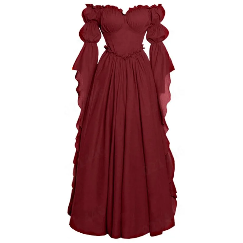 Women's Renaissance Gothic Court Off Shoulder Maxi Dress Vintage Ruffle Hem Medieval Victorian Stage Performance Costume Gown - view 4