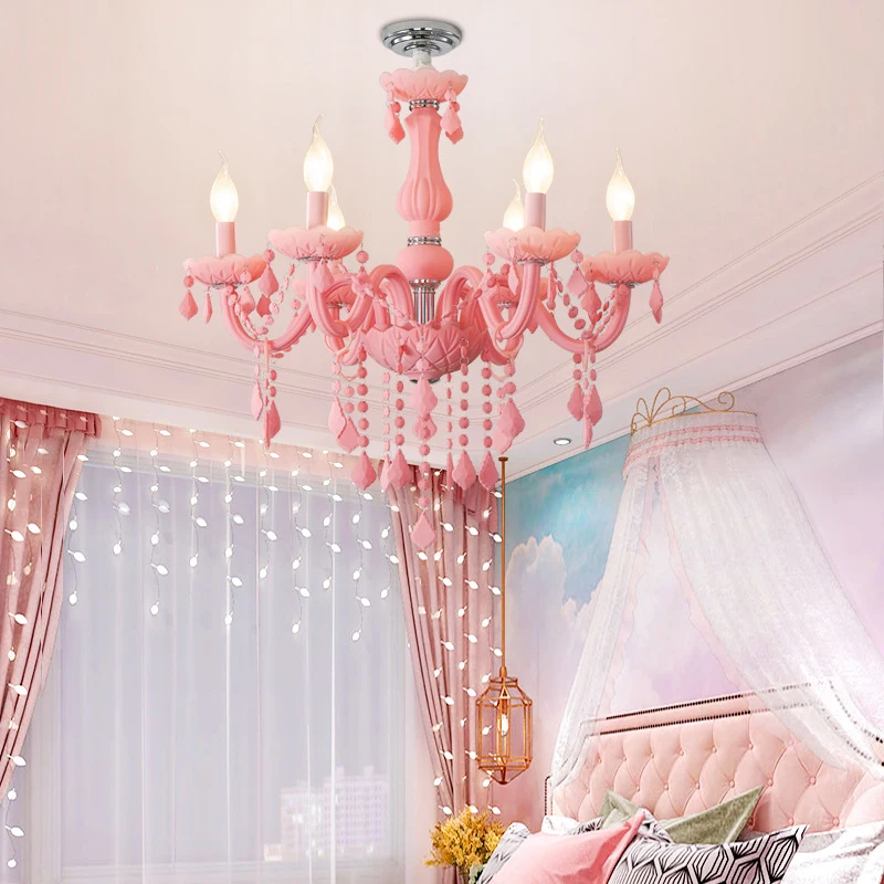 OUFULA Pink Crystal Pendent Lamp Art Girls\' Room Candle Lamp Children\'s Room Living Room Restaurant Bedroom Chandelier