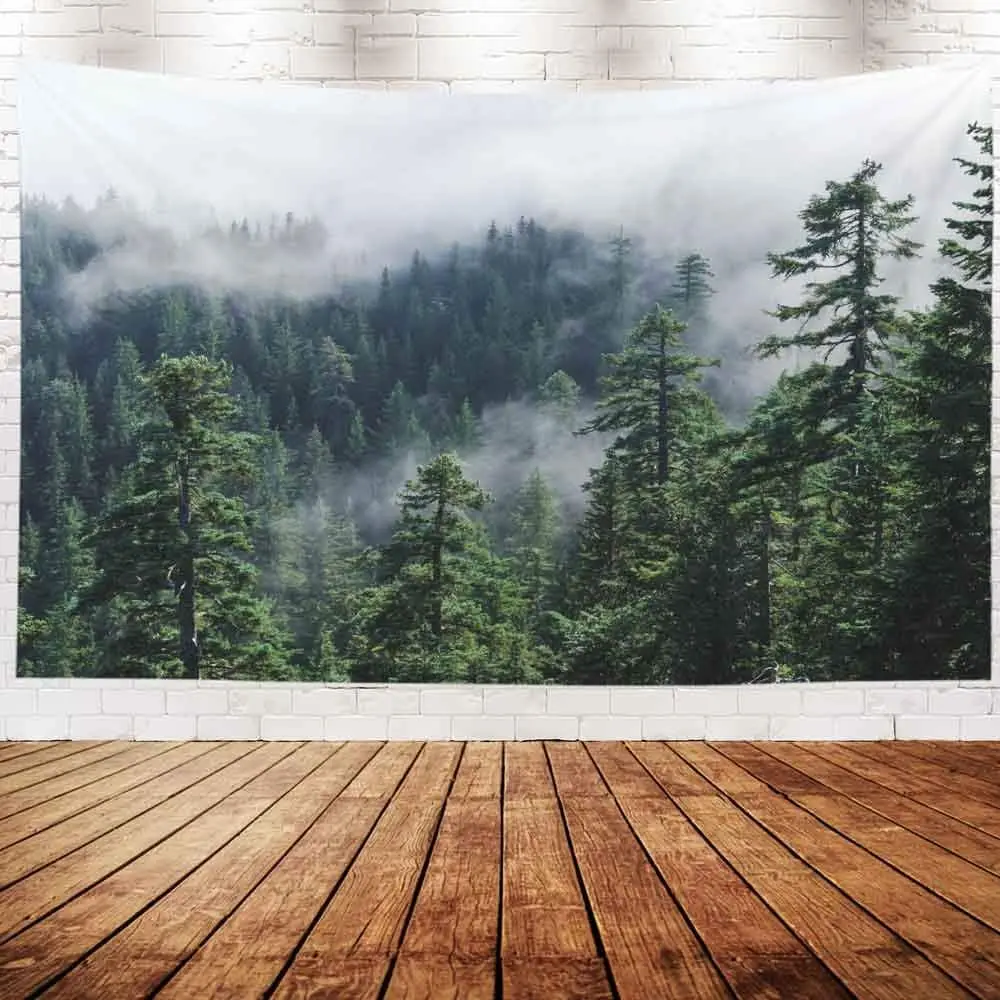 Fog Mountain Forest Misty View from Larch Mount Usa Pacific Tapestry Wall Art Tapestries Hanging for Dorm Room Living Home