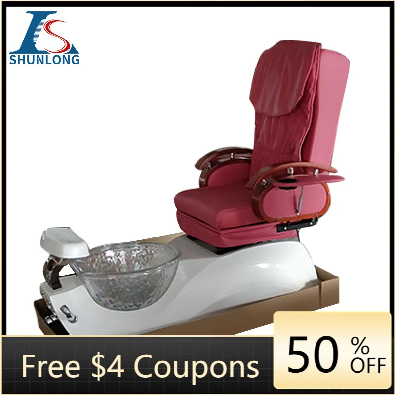 Fuchsia Red Pleated PU Pedicure Spa Chair, Electric Reclining Foot Massage Chair with Iridescent Crystal Glass Foot Basin, Woode