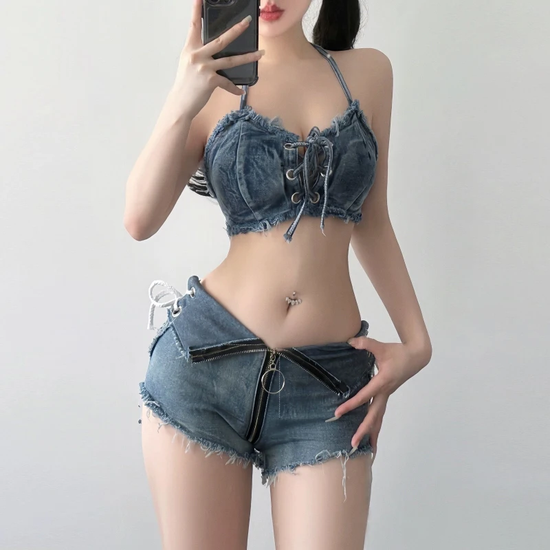 Bar sexy dance costume DJ jazz dance GOGO leading stage DS performance costume sexy denim vest shorts set