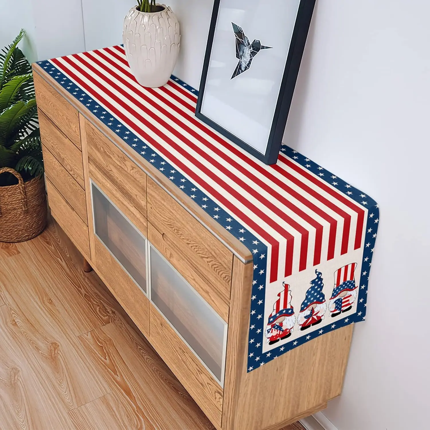 4th of July Patriotic Table Runner, American Flag Gnomes Stripes Stars Memorial Day Party Kitchen Dining Table Decor