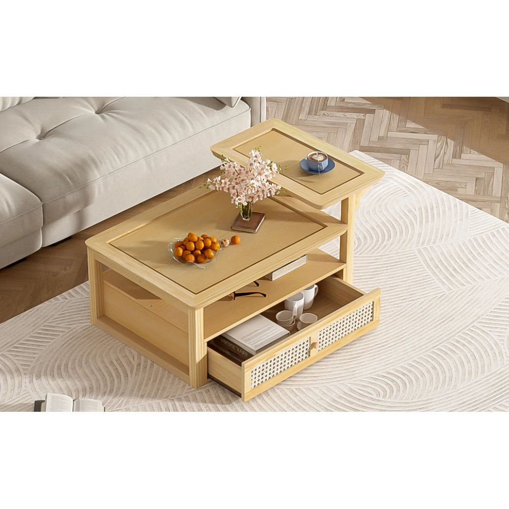 Modern Coffee Table, Coffee Table with 1 Storage Shelf, 2 Tabletops and 1 Rattan Drawer For Living Room