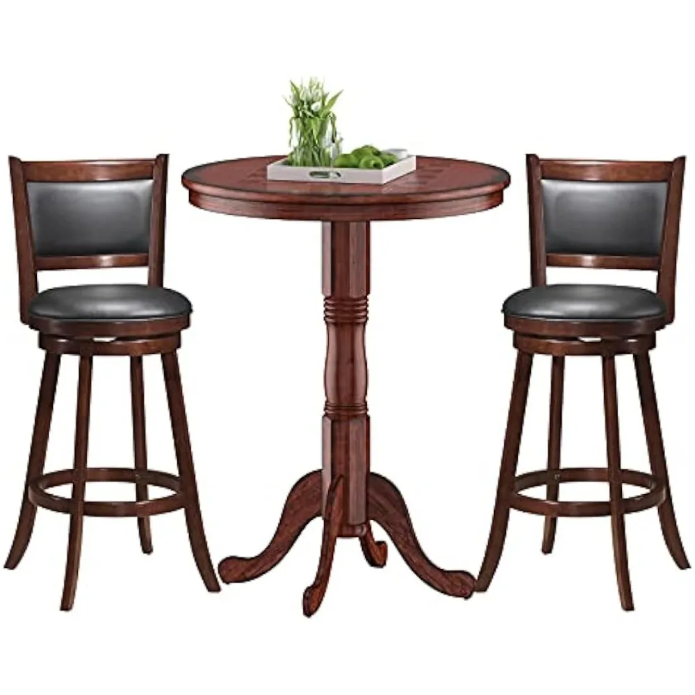 

3 Pcs Pub Table Set, Wooden Pub Pedestal Side Table with Stable Base, 360 Degrees Swivel Bar Stool, Modern Round Bar Table and