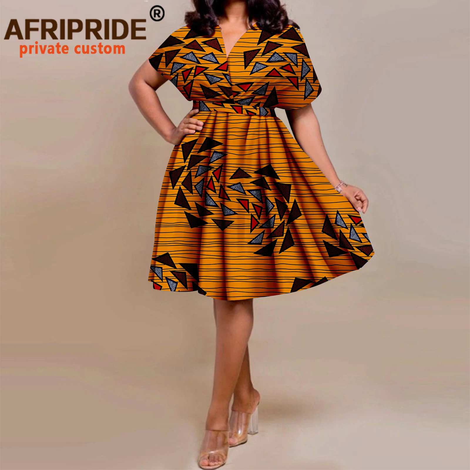 Afripride-African Dashiki Dresses for Women, Tailor Made Short Sleeves, Knee Length, Fit and Flare Casual Dress, A2225041