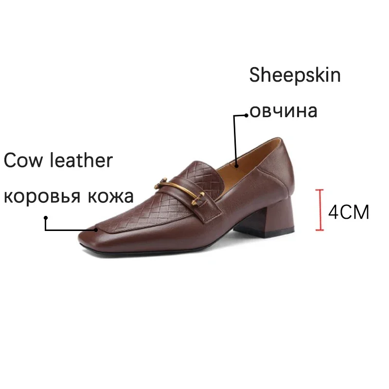 Women Shoes Fashion Genuine Leather Loafers Slip-On  Women's Flat Shoes Square Toe Thick Heel Handmade Size 34-40