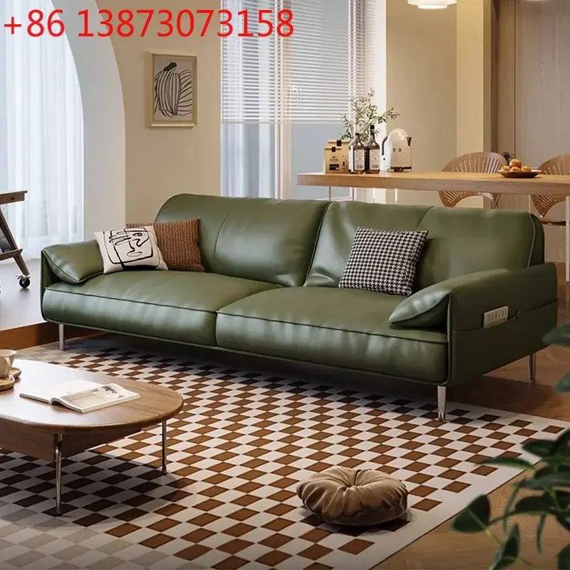 Italian light luxury first layer cowhide living room household size apartment straight row sofa