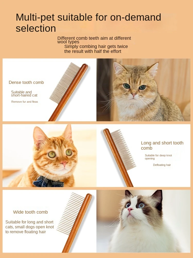 Cat Comb Cat Accessories Stainless Steel Pet Hair Remover Wooden Handle Solid Cat Hair Comb Pet Grooming Dog Brush Cleaning Tool