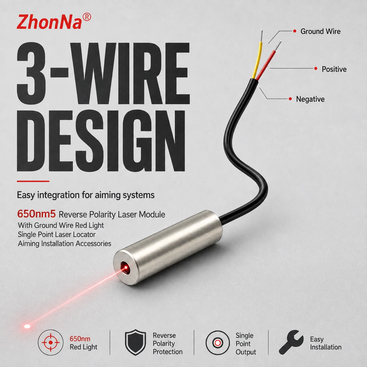 ZhonNa 650nm 5mW Reverse Polarity Red Dot Laser Module Ground Wire Locator Aiming Tool Instrument Accessory DC 3-5V Metal Module