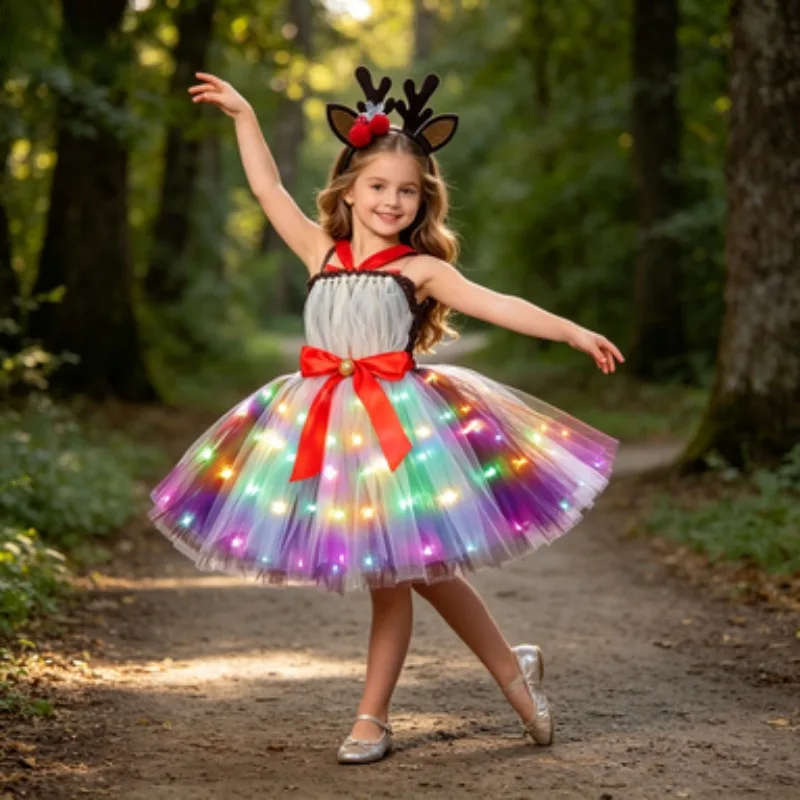 Girls' cartoon patterned glowing dress with LED lights, sparkling tutu clothes, perfect for Halloween performances and events