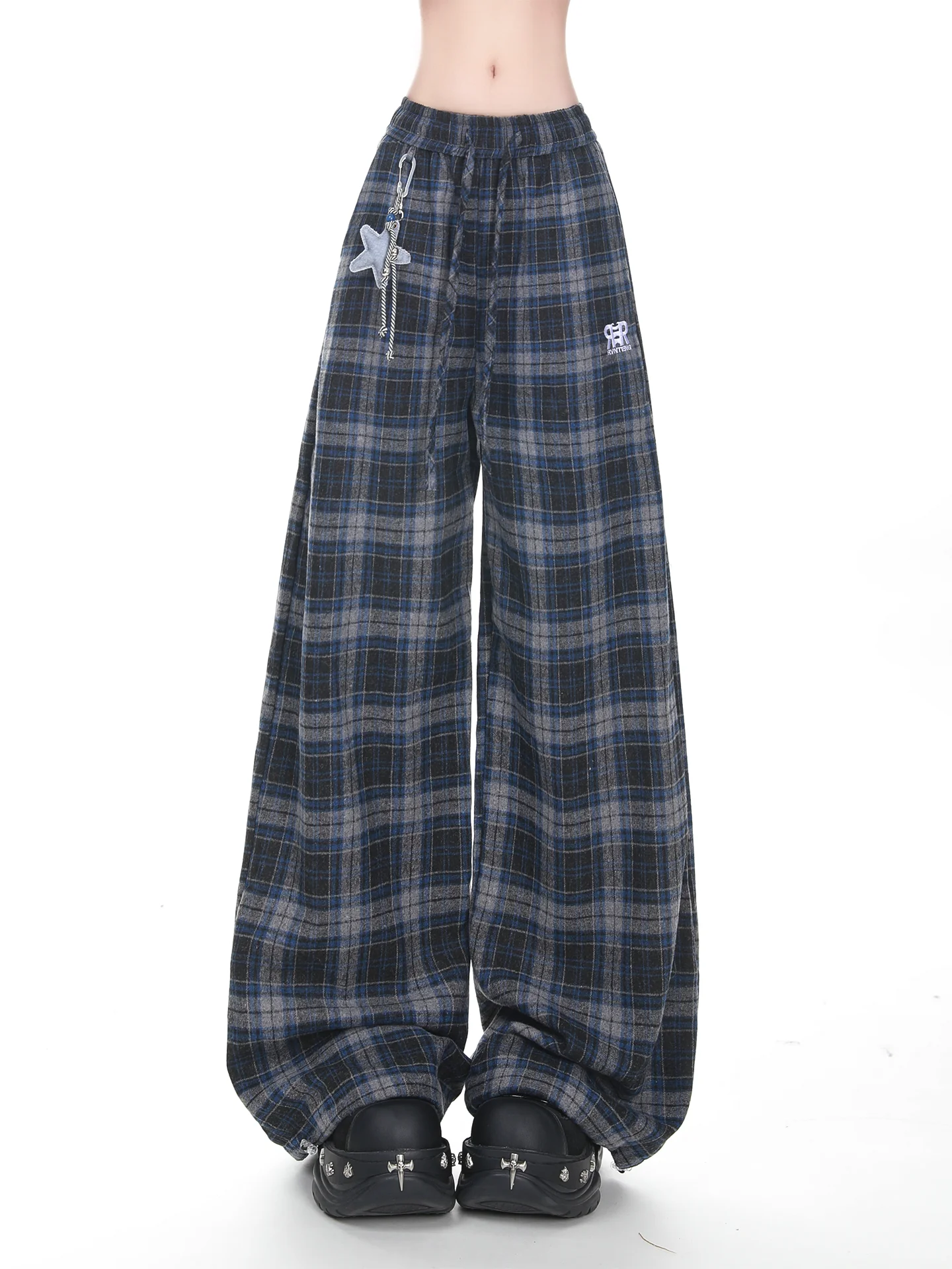 Pantalones informales a cuadros para chica, subcultura Retro japonesa, dulce y fresco, pantalones largos holgados de pierna ancha bordados de cintura alta para mujer, otoño