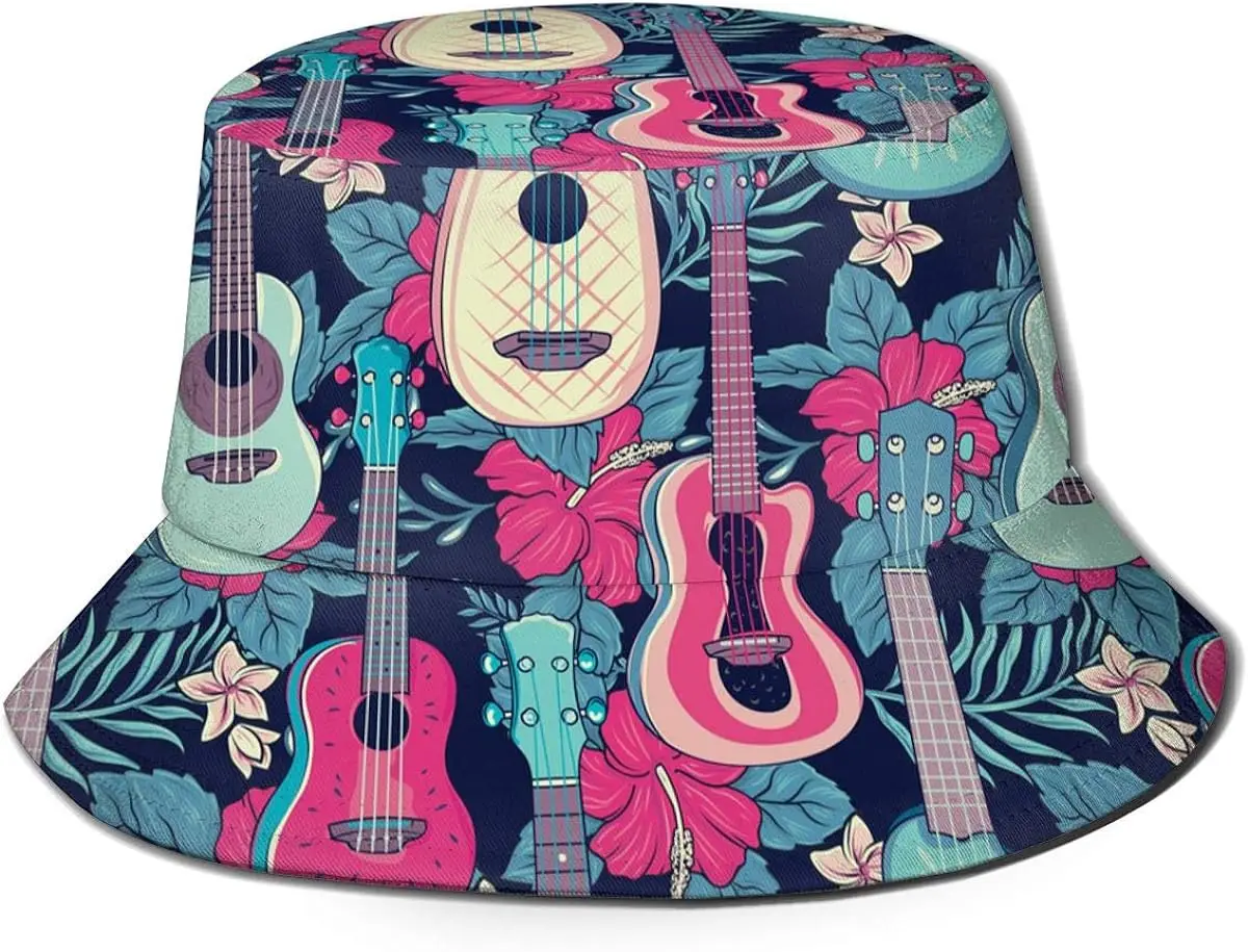 Colorful Hawaiian Fruity Ukulele and Flower Unisex Bucket Hat Reversible Fisherman Hat Plant Printed Solid Color Outdoor Sun Hat