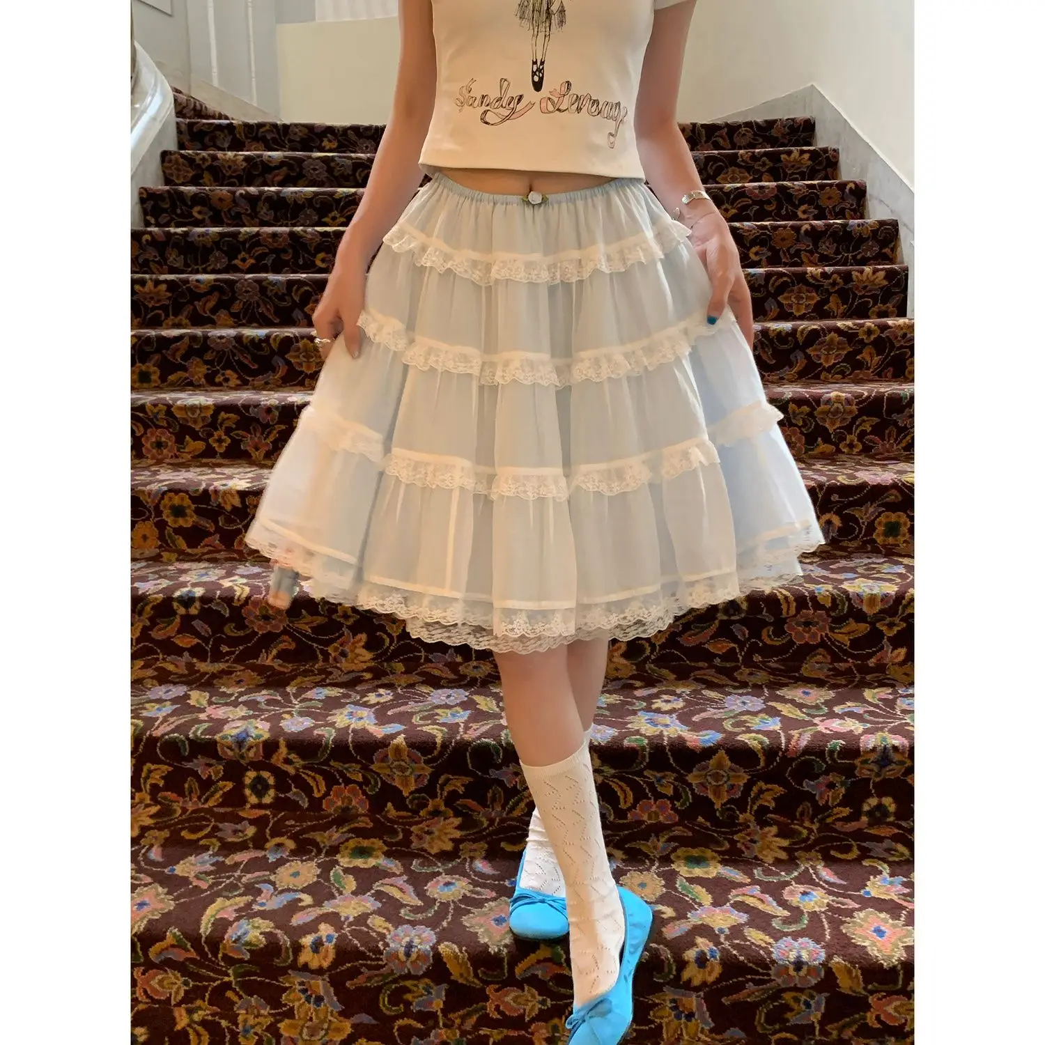 

Light Blue Lace Cake Layered Skirt Ladies Summer Skirt