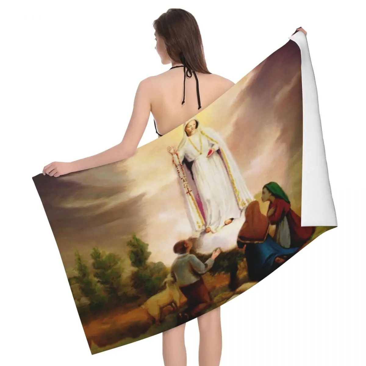 

Custom Our Lady Of Fatima Beach Towel Rosary Catholic Christian Virgin Mary Soft Linen Microfiber Pool Towels