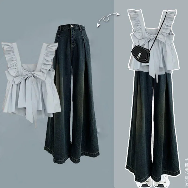 Summer Set Women's 2023 New Design Sense Age Reducing Shirt Denim Wide Leg Pants Two Piece Women's Pants Set Women Pants