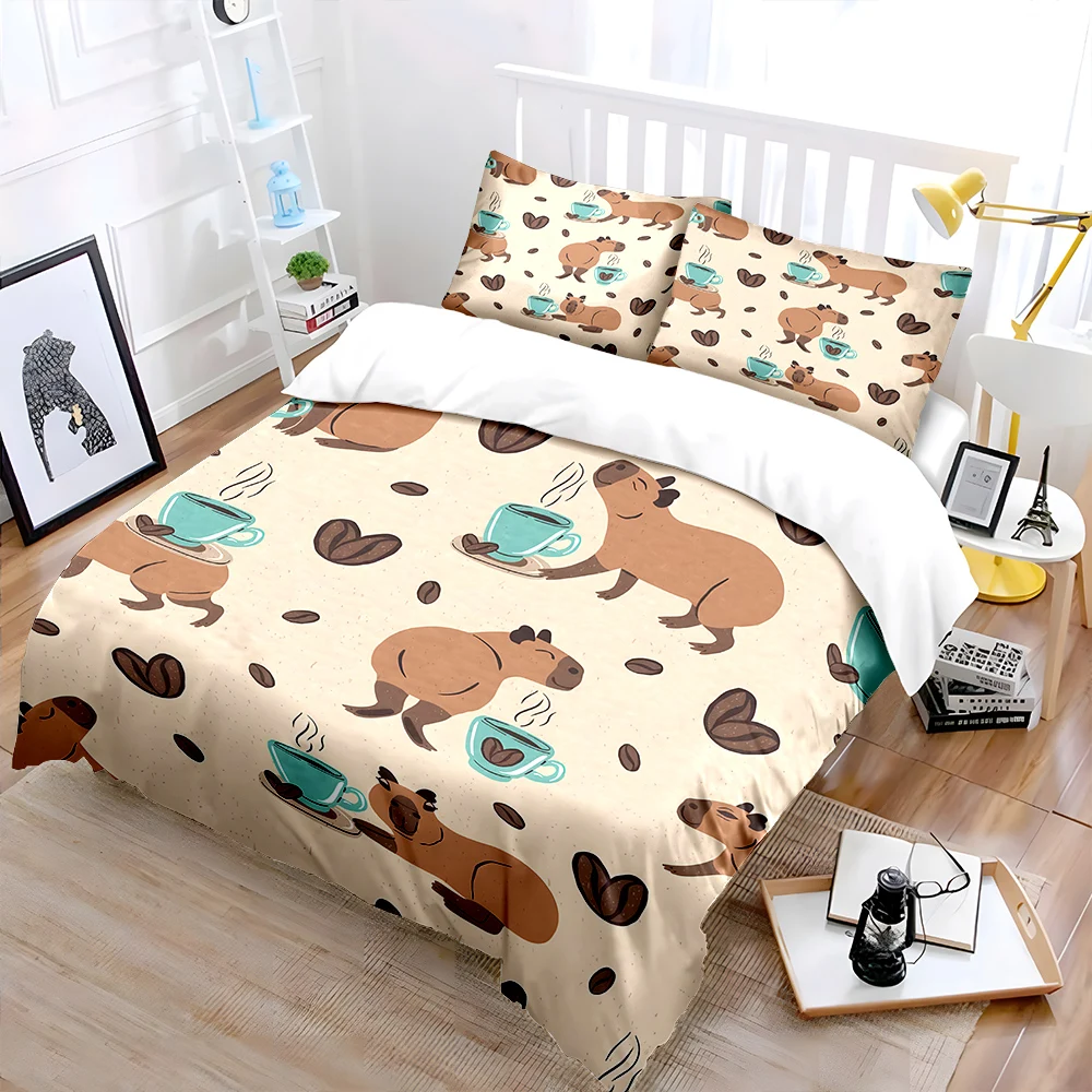 Capybara and Coffee Themed Pattern Print Bedding Set 1 Duvet Cover 2 Pillowcases for Adult and Children Luxury Gift Full Size