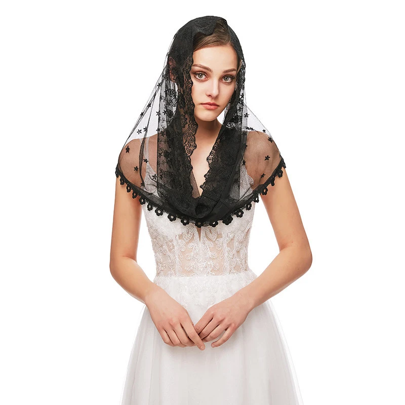 Simple Women Muslim Headscarf Fashion Wedding Bridal Hollow Out Lace Veil One-Layer Eyelash Edge Shawl White Black