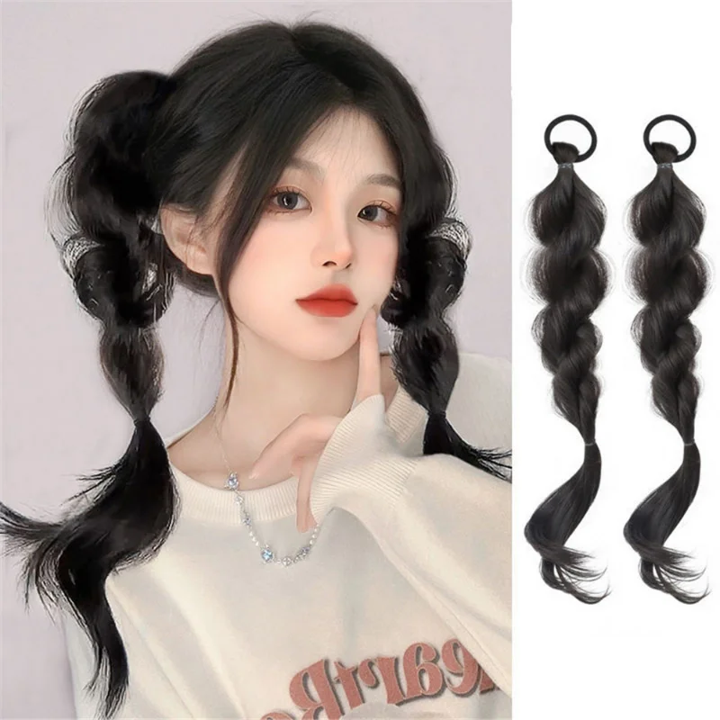 Peluca de cola de caballo sintética, extensiones de cabello con trenzas de burbujas negras, cola de caballo trenzada de burbuja de linterna, cola de caballo doble con Clip para Wom