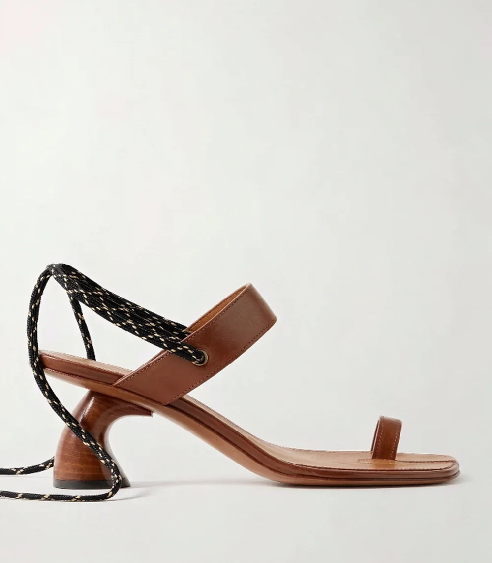 Minimalist Summer Brown Leather Thong Sandals Unique Curved Block Heel Wrap Around Ankle Tie Straps Open Toe Sandals