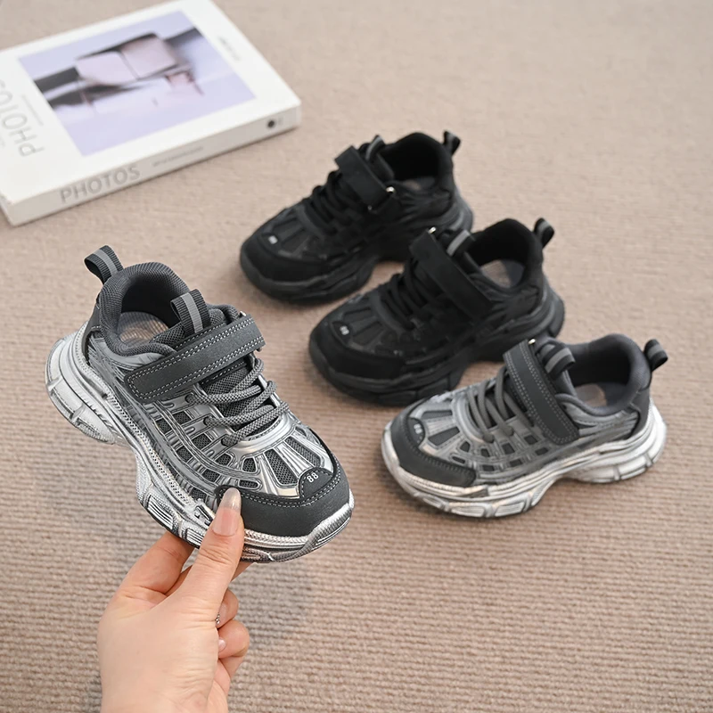 Kids'Casual Shoes PU Leather Color Blocking Fashion Autumn Flat Shoes For Children Anti-slip Breathable Black Grey Size 23-36