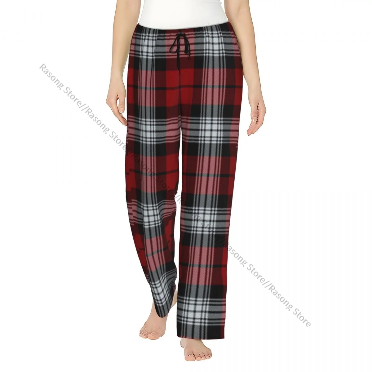 Women Long Sleep Pants Elastic Drawstring Waist Loungewear Bottoms Tartan Plaid Home Trousers for Ladies Nightwear