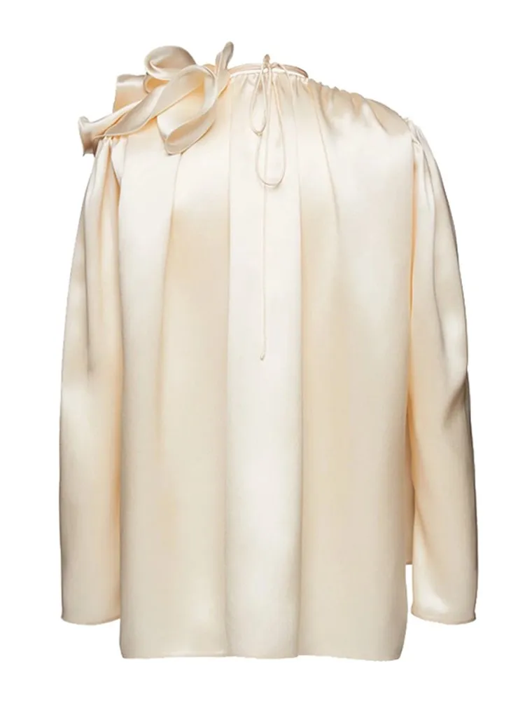 KBQ Spliced Appliques Satin Shirts For Women V Neck Long Sleeve Patchwork Lace Up Loose Solid Elegant Blouse Female Spring New