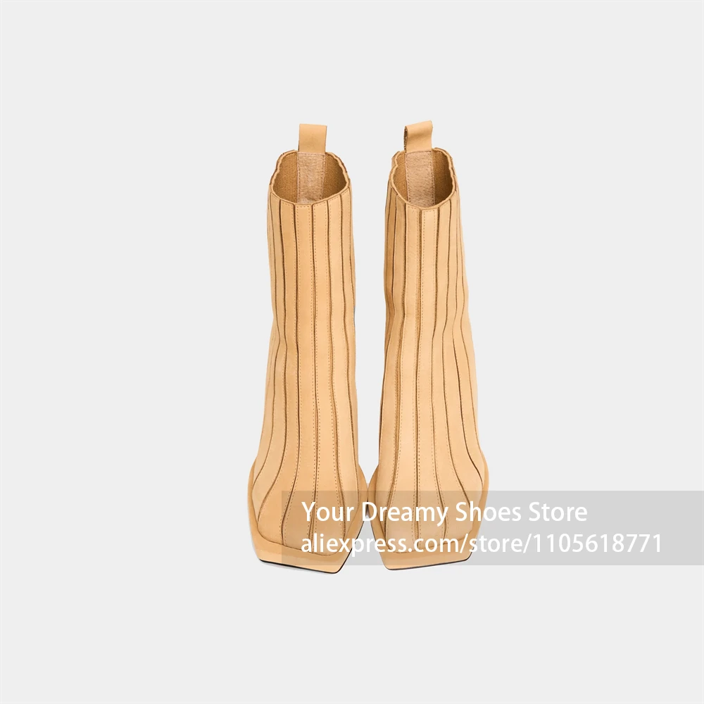 Nude Vertical Stitched Faux Suede Ankle Boots Square Toe Design Block Heel Boots Sexy Party Vertical Seam Detailing Ankle Boots