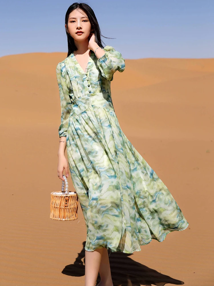 GypsyLady Chiffon Floral Elegant Chic Dress V-neck Green Autumn Spring Women Long Sleeve Casual Holiday Ruffles Ladies Dresses