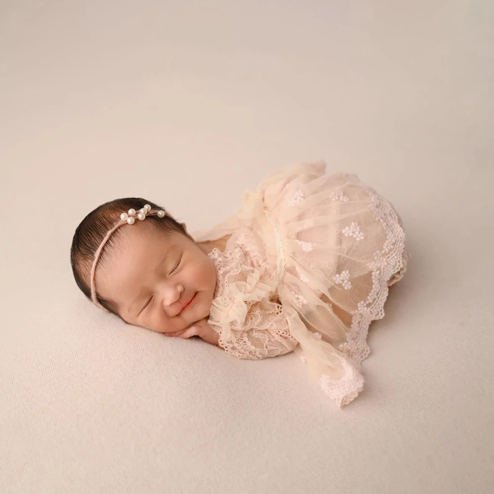 Newborn Photography Props Baby Girl Pink Lace Ruffle Romper Infant Photo Shoot Outfit Princess Soft Tulle Layered Ruffles