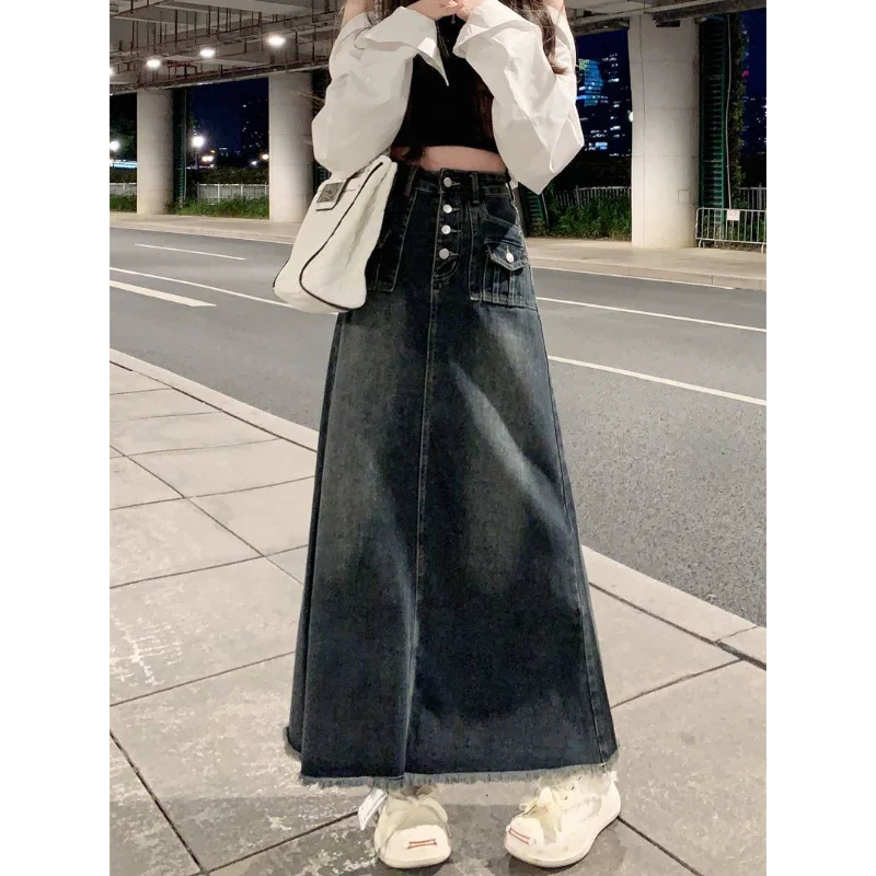 تنورة نسائية عالية الخصر من قماش الدنيم ميدي بتصميم جديد للخريف والشتاء، تنورة طويلة مغسولة بتصميم عتيق #4