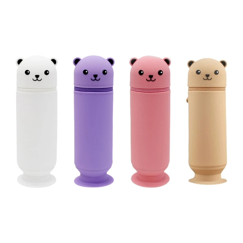 K1AA Cartoon Bear Pen Holder Silicone Pencil Case with Suction Cup School Supplies