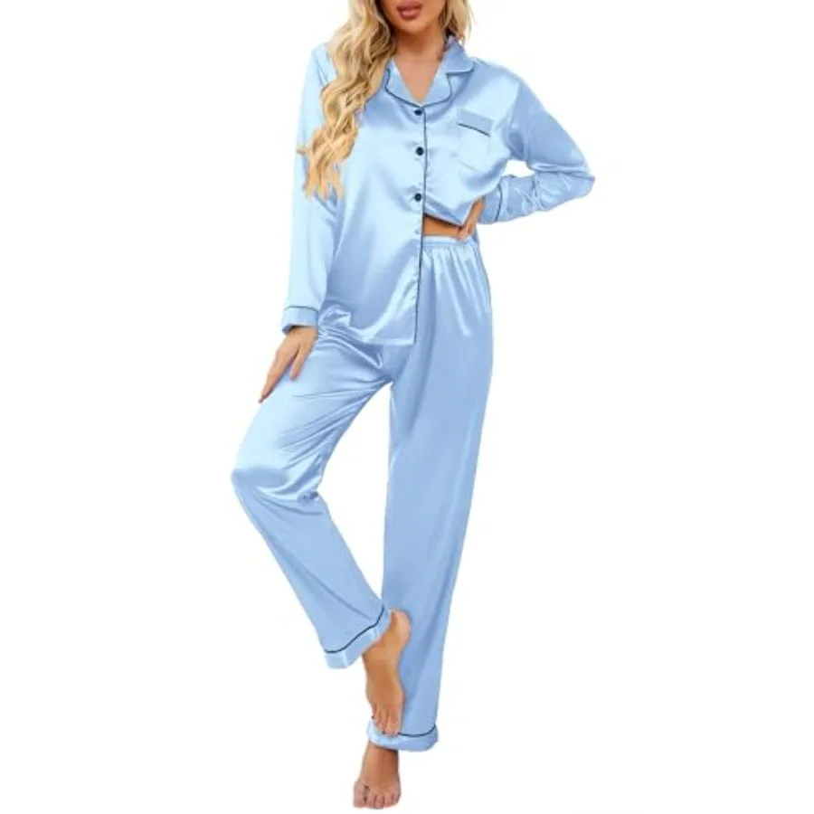 

Women's Classic Button Down Long Satin Silk Pajama Set