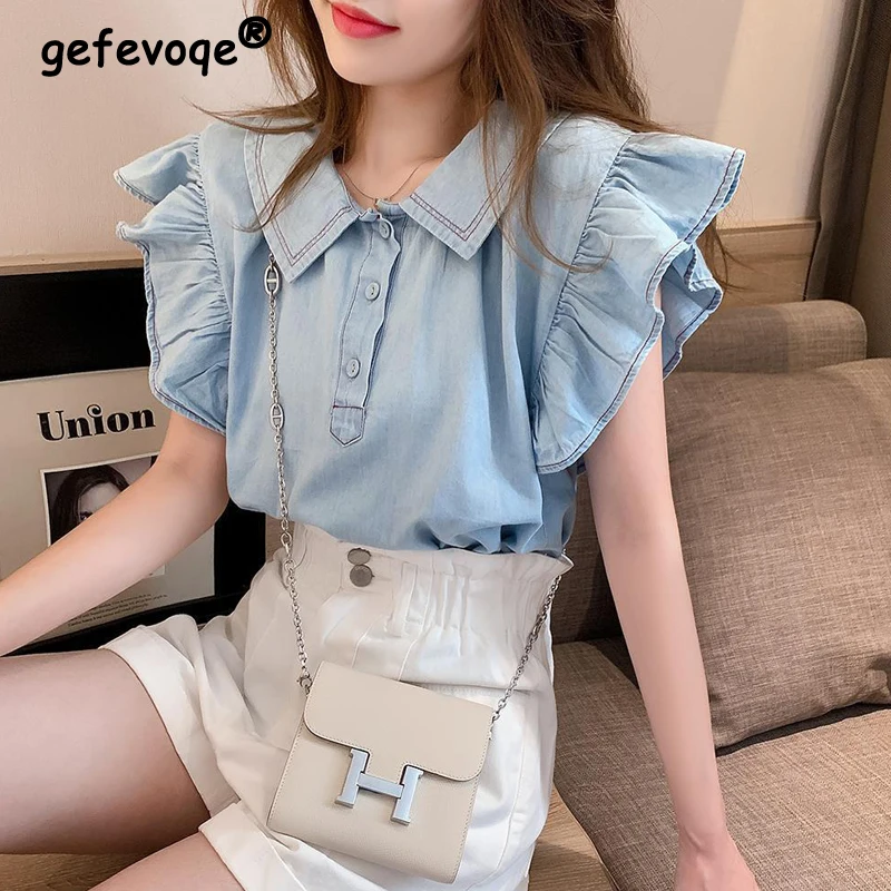 

Women's Clothing 2023 Summer Korean Style Ruffle Chic Sweet Blouse Solid Casual Short Sleeve Loose Shirt Y2K Kawaii Tops Blusas