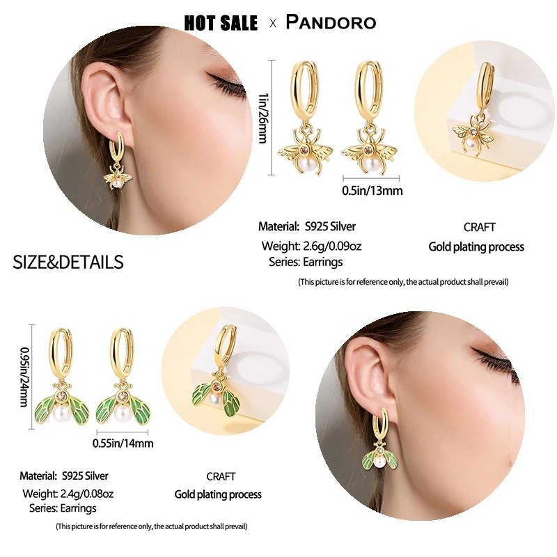 Pendientes de aro de plata y oro 925, aretes colgantes en forma de abeja, pendientes en forma de corazón, pendiente de tuerca de moissanita