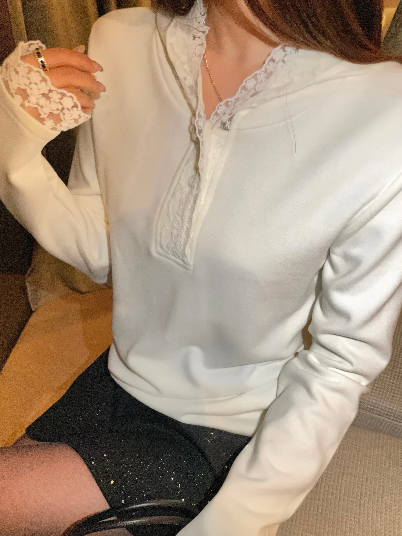 

UKILAU 2025 Новая осенне-зимняя женская толстовка с круглым вырезом и кружевом, базовый слой, лонгслив с капюшоном