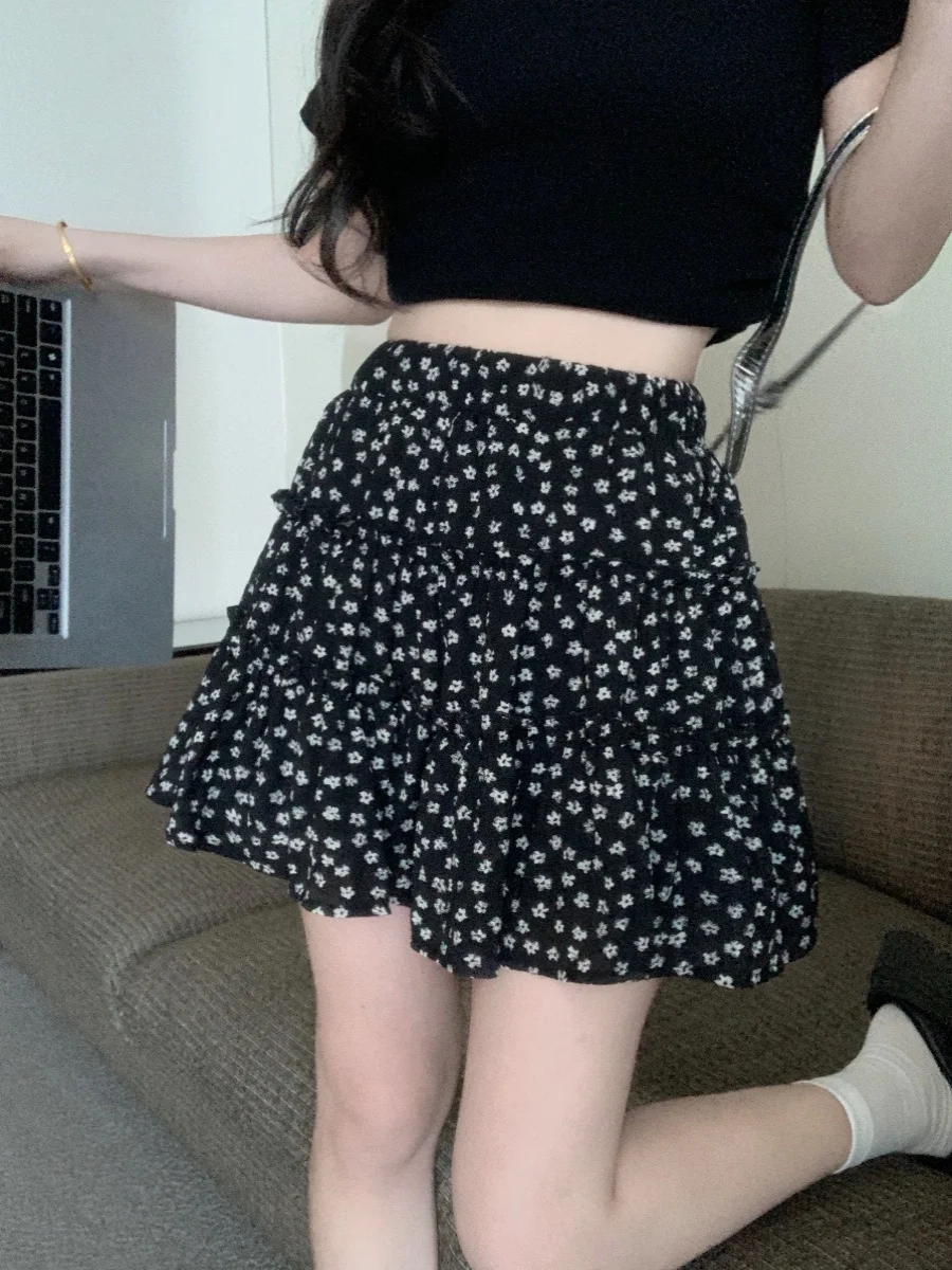 Übergröße Blumenmuster Chiffon-Rock für Damen, Sommer-Neuheit, A-Linien-Rock mit Hoher Taille im Koreanischen Stil