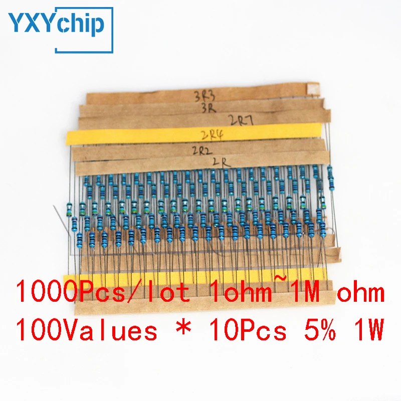 1000Pcs/lot 100Values * 10Pcs 5% 1W resistor pack set Metal Film Resistor diy Assorted Kit 1 ohm~ 1M ohm Range samples 1R-1M Ohm