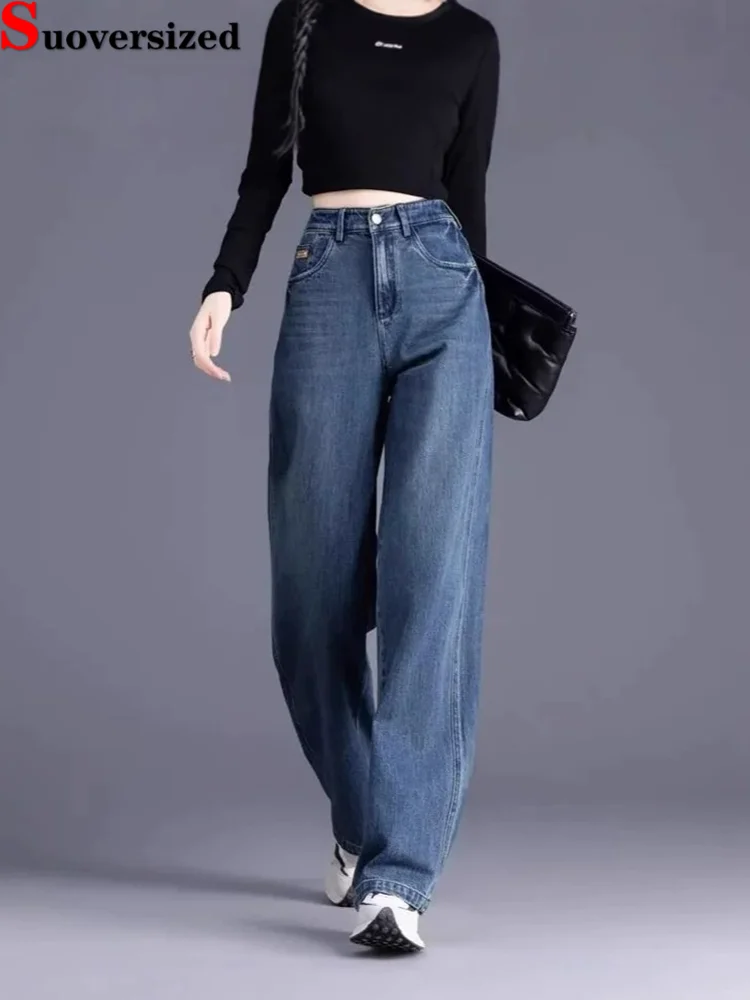 

Винтажные модные мешковатые джинсы, бархатные теплые женские повседневные брюки Vaqueros с высокой талией, широкие брюки в стиле ретро, уличная одежда, свободные джинсовые брюки