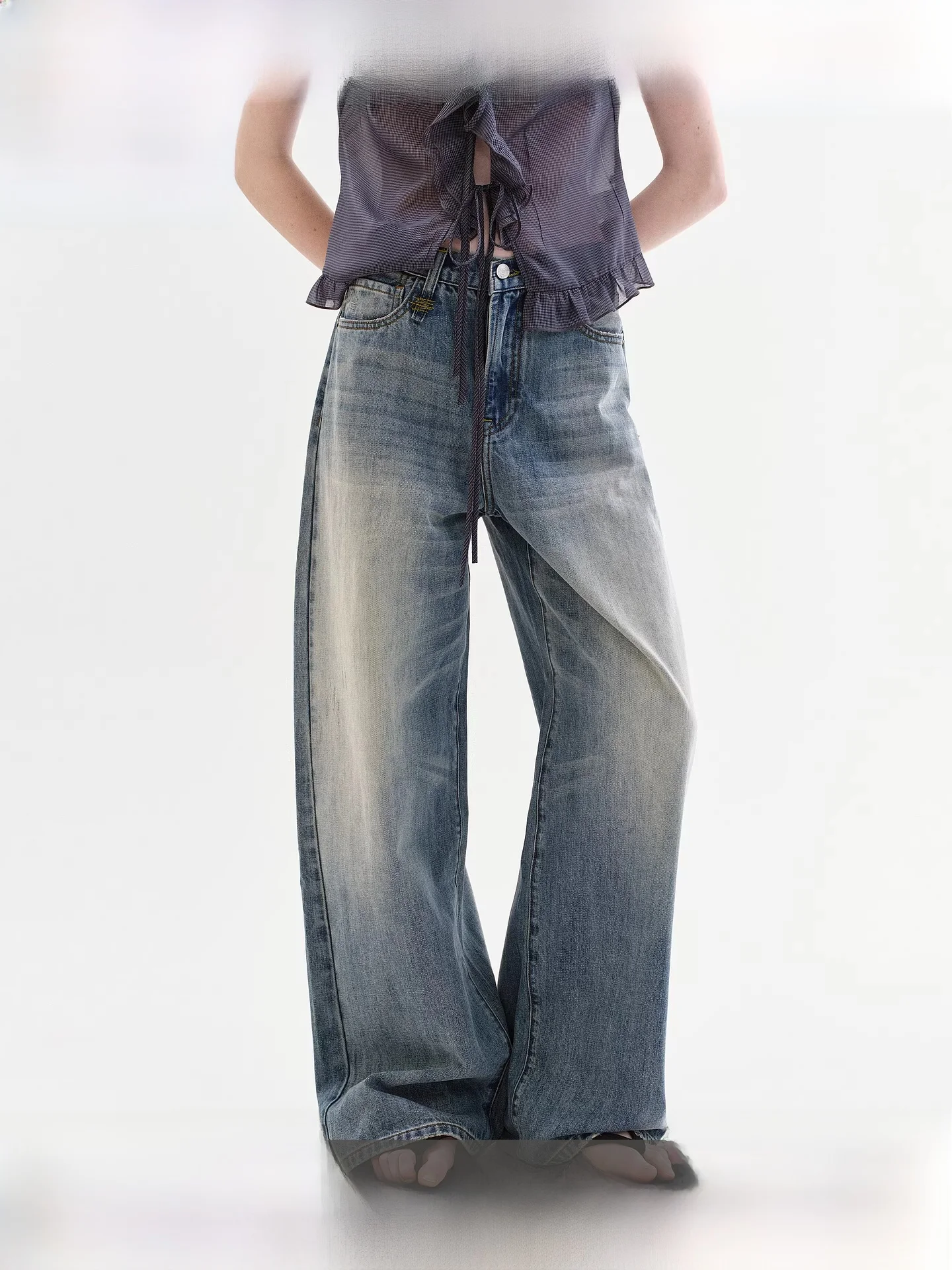 

Fano Women's Loose Straight Leg Jeans Summer New Gradient Color Block Long Trousers Retro Style High Waist Cotton Blend