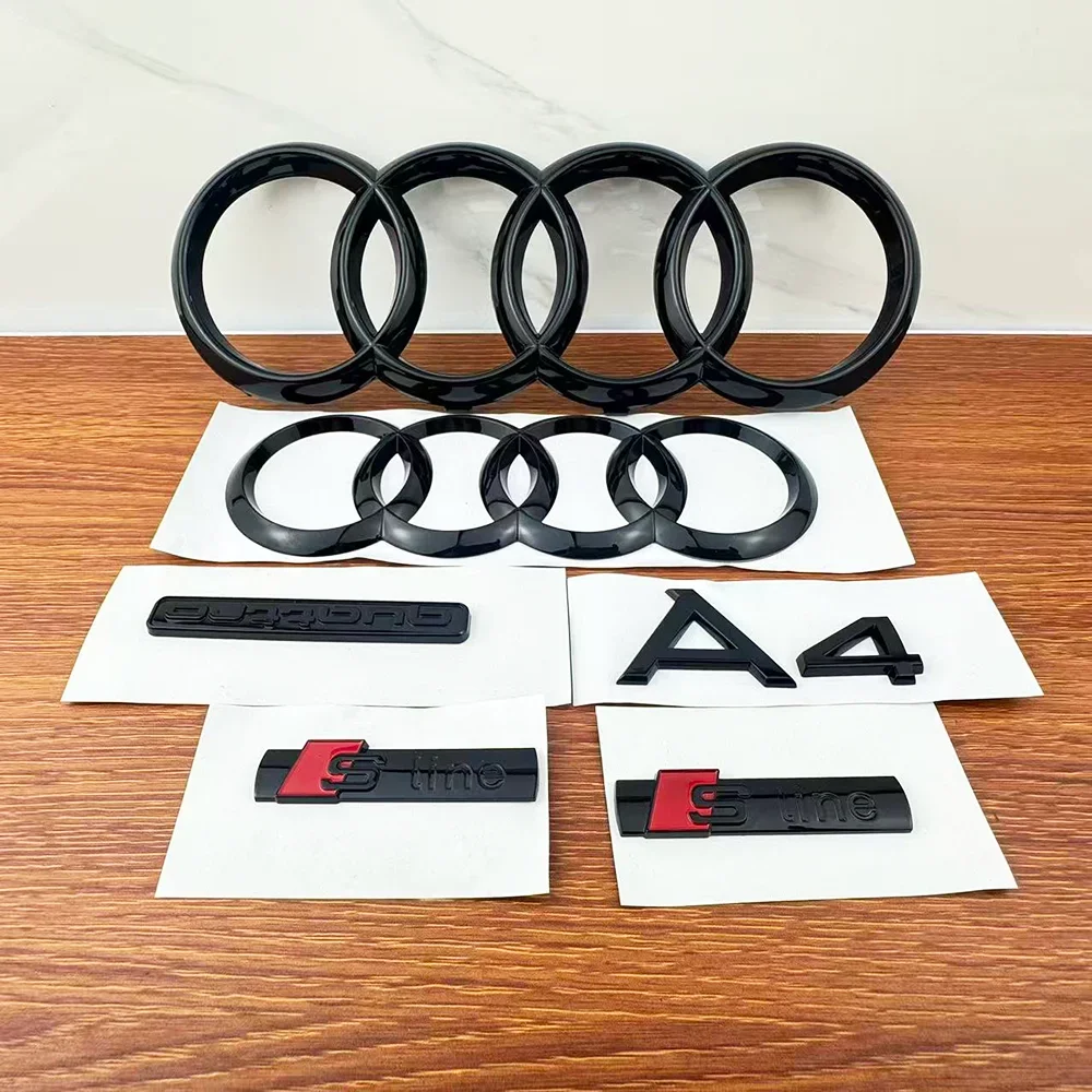 ABS 4-Ring Logo Glossy Black Car Emblem Front Grill Rear Trunk For Audi A4 2018-2023 Quarrto Sline Badge Sticker Accessories