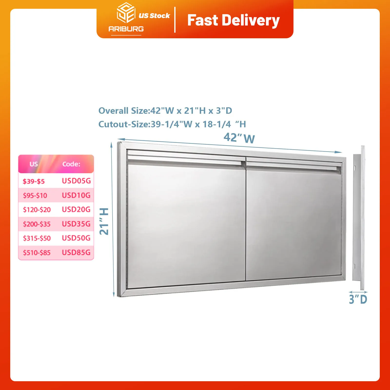 

42 Inch Outdoor Kitchen Door Stainless Steel BBQ Double Door Flush Mount for Outdoor Kitchen Island Double Wall Door Panel