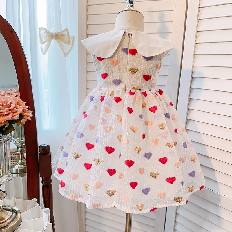 Girls' Children Summer Clothes Love-Shape Print Dress2024Summer New Fashion All-Matching Princess Tulle Skirt-WSNY