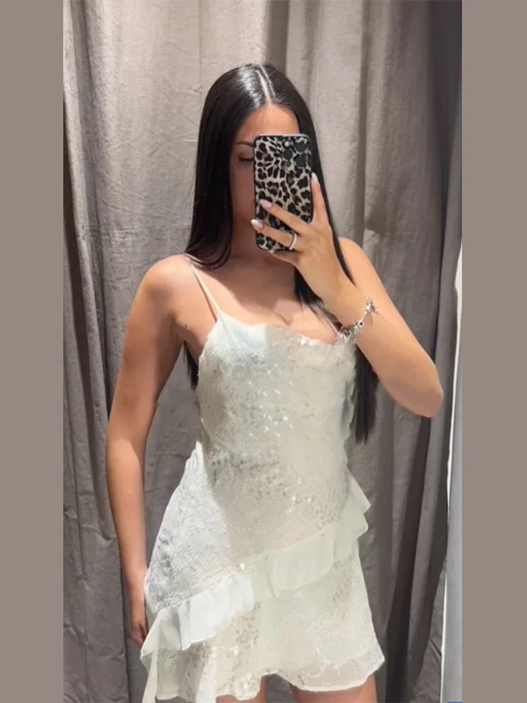 Elegante branco vestidos de lantejoulas feminino 2025 halter pescoço sem costas vestidos em camadas plissado com decote em v sem mangas verão festa baile vestido