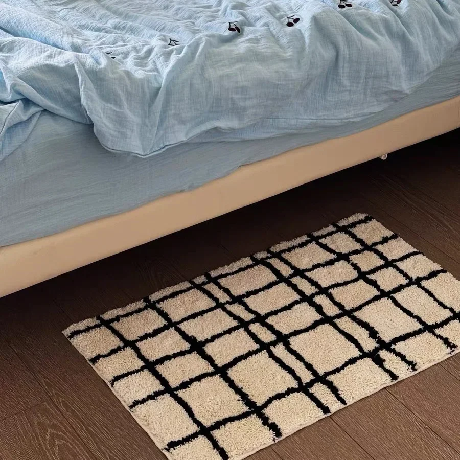 Minimalist Black and White Tufted Striped and Checkered Floor Mat for Bathroom, Bedroom, Bedside Anti-slip Flocked Small Rug