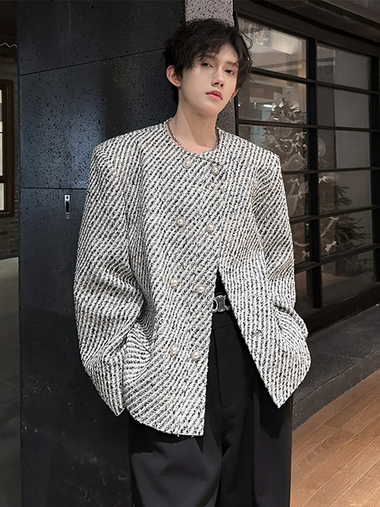 

Мужская двубортная куртка с подплечниками, весенне-осенняя, повседневная, модная, из полиэфирного волокна, без воротника, верхняя одежда